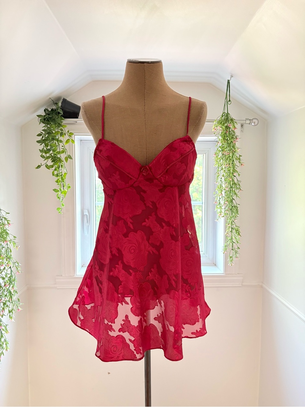 Floral Lace Red Sheer Slip with Spaghetti Straps